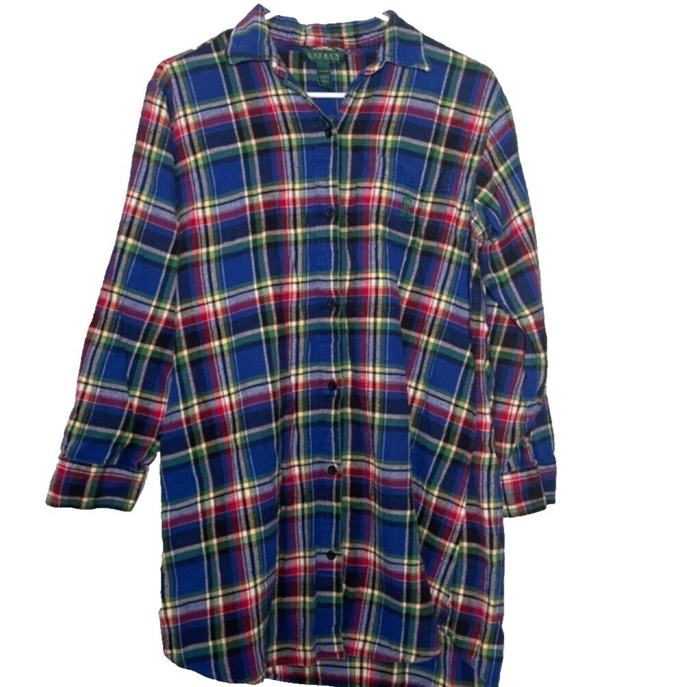 Lauren Ralph Lauren Flannel Shirt Women's Med Blue Green Plaid 3/4 Sleeve